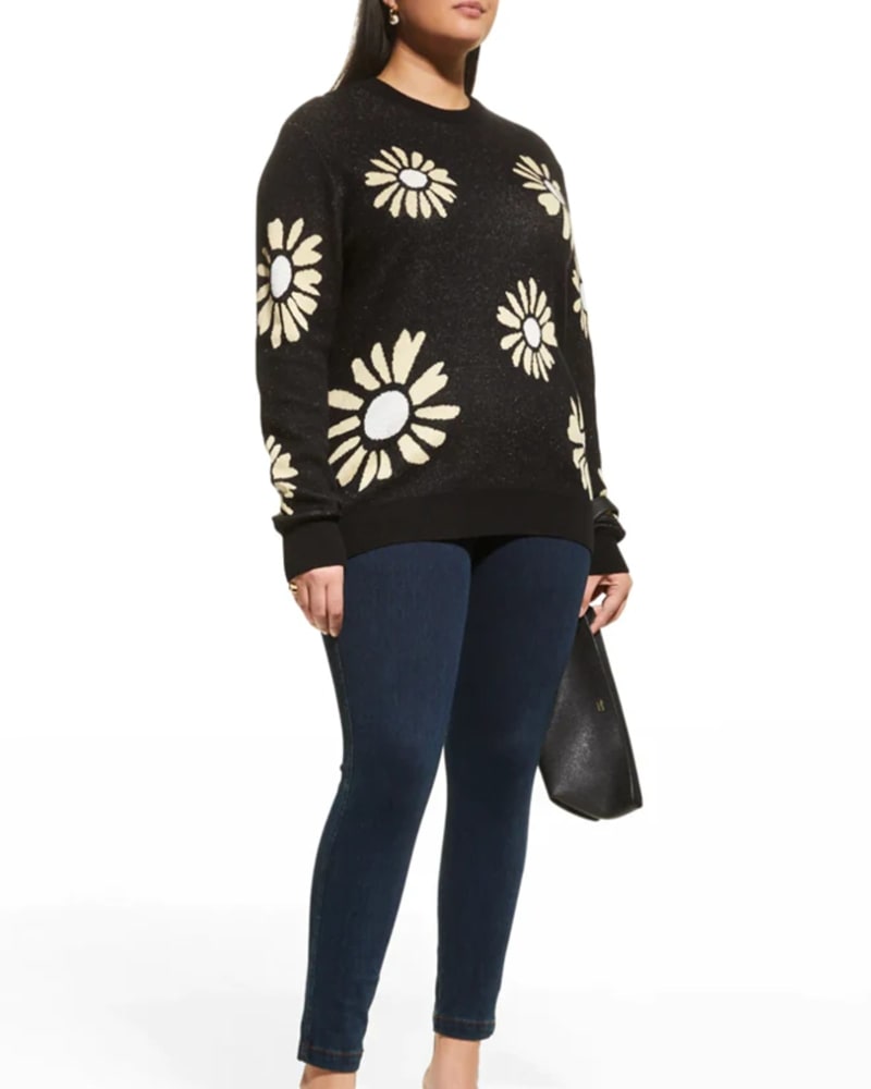 Front of a model wearing a size 1X Cotton Cashmere All Over Daisy Crew in BLACK by Minnie Rose. | dia_product_style_image_id:303182